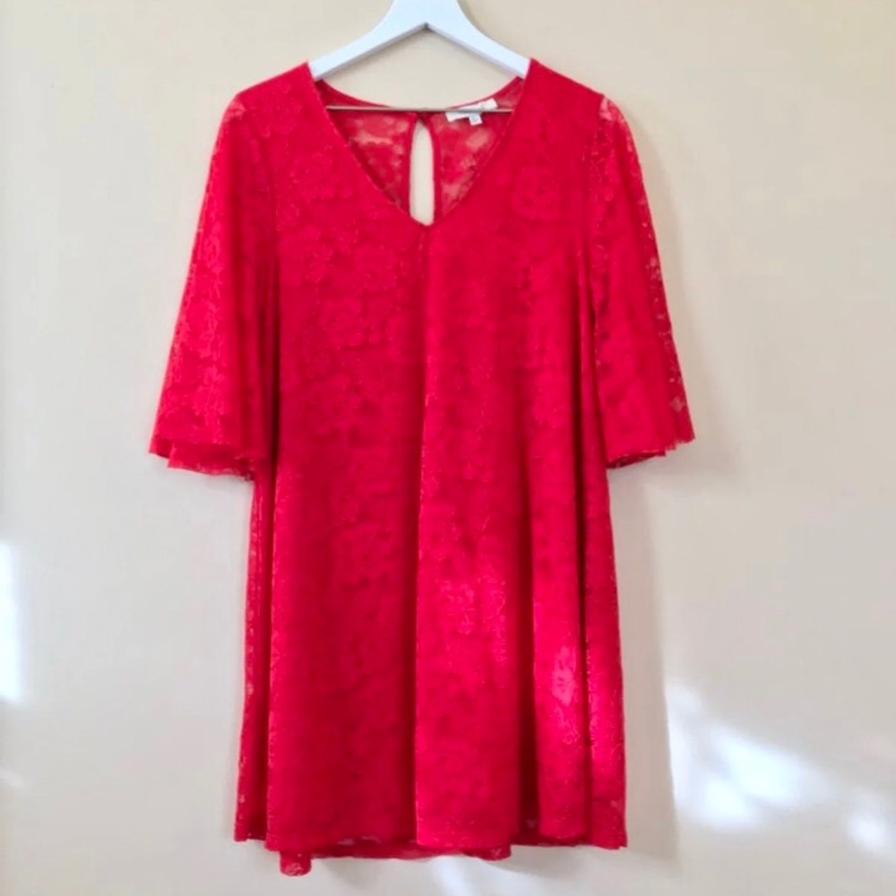 Francesca's Red Lace Bell Sleeve Mini Dress